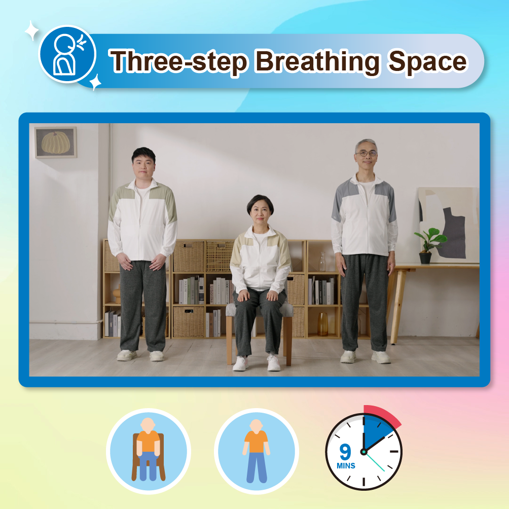Click this image to play the video of Three-step Breathing Space. There are two icons of human figures underneath, indicating that one can do this practice either in a sitting or standing position. There is also an icon of a clock with “9 minutes” written on its face, indicating that 9 minutes are required.