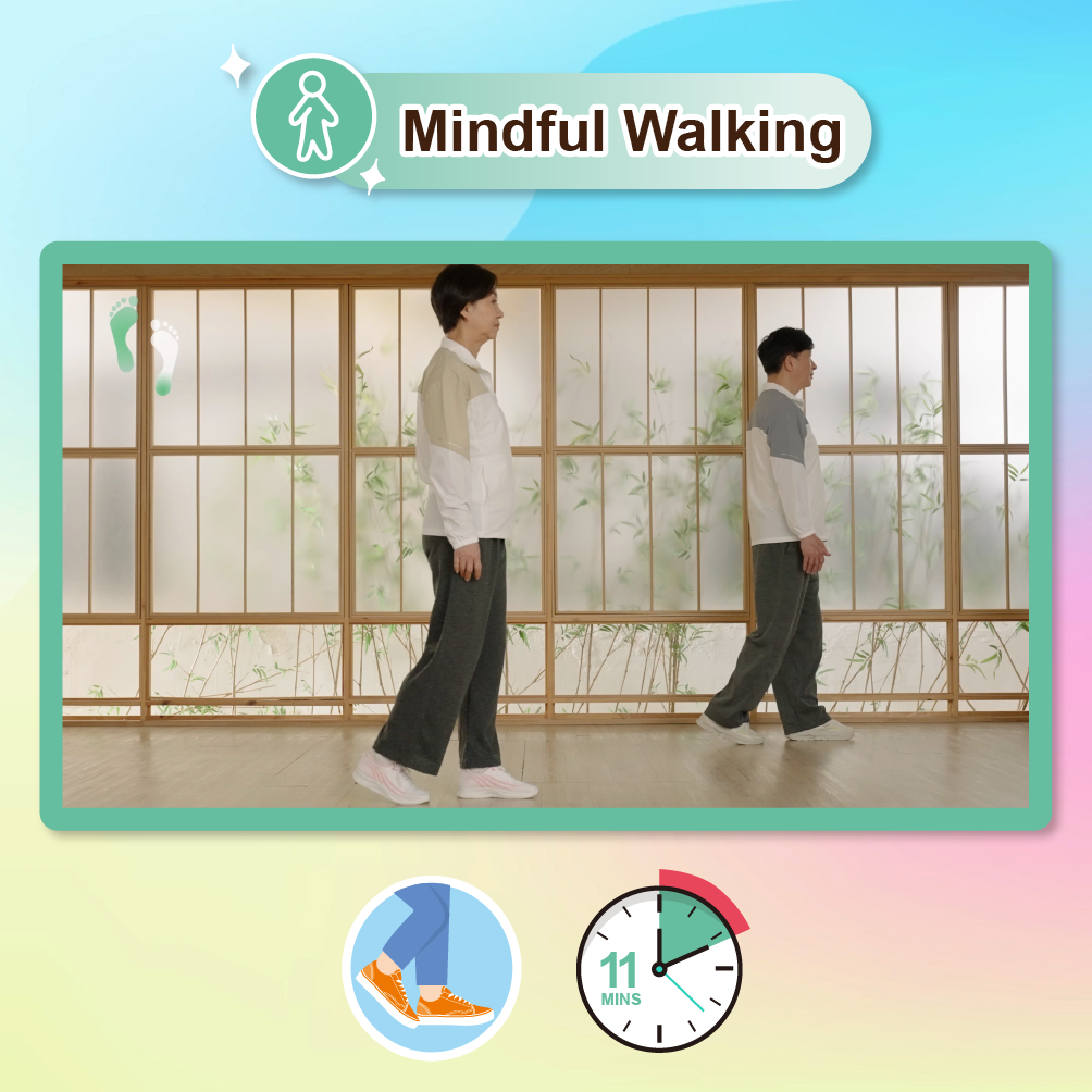 Click this image to play the video of Mindful Walking. There is an icon of two legs walking underneath, indicating that this practice requires walking. There is also an icon of a clock with “11 minutes” written on its face, indicating that 11 minutes are required.
