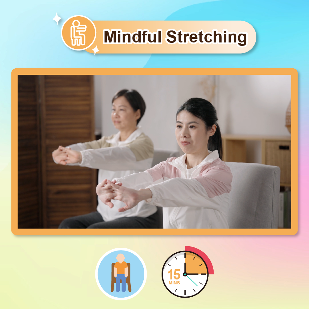 Click this image to play the video of Mindful Stretching. There is an icon of a human figure underneath, indicating that one can do this practice in a sitting position. There is also an icon of a clock with “15 minutes” written on its face, indicating that 15 minutes are required.