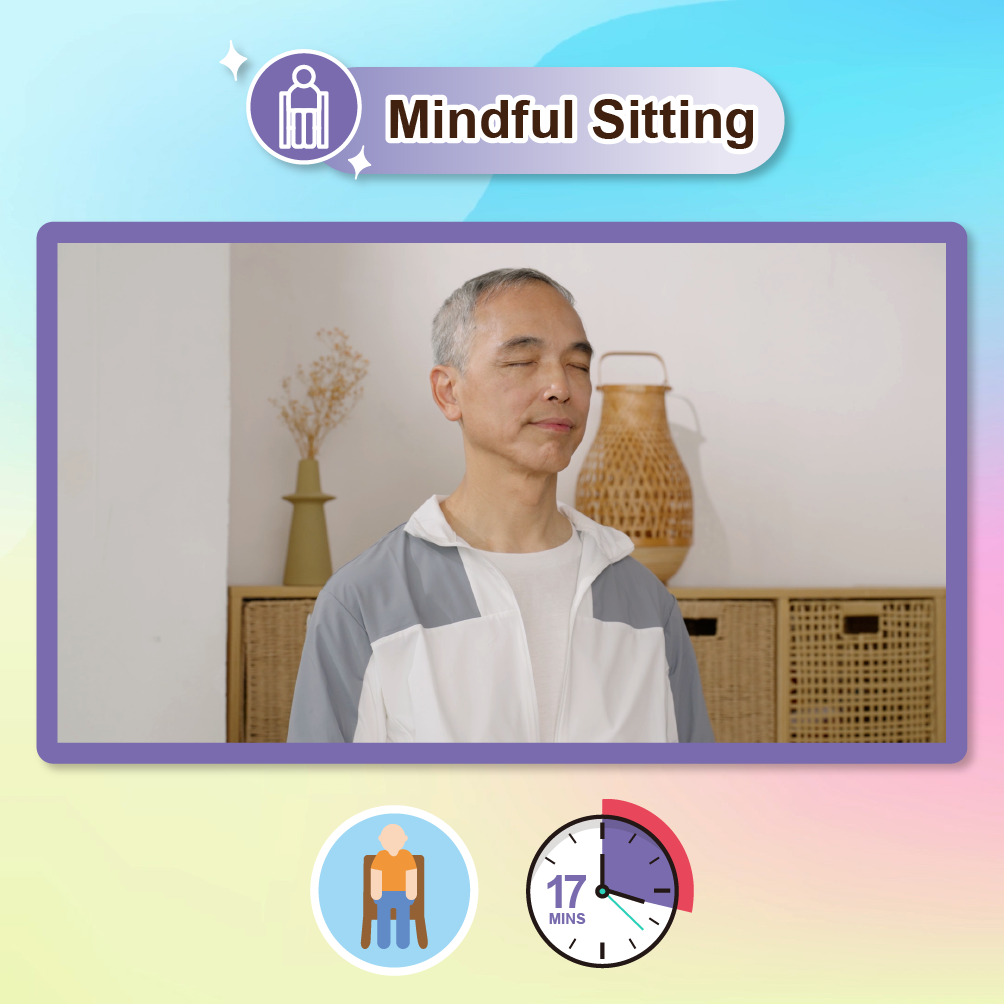 Click this image to play the video of Mindful Sitting. There is an icon of a human figure underneath, indicating that one can do this practice in a sitting position. There is also an icon of a clock with “17 minutes” written on its face, indicating that 17 minutes are required.
