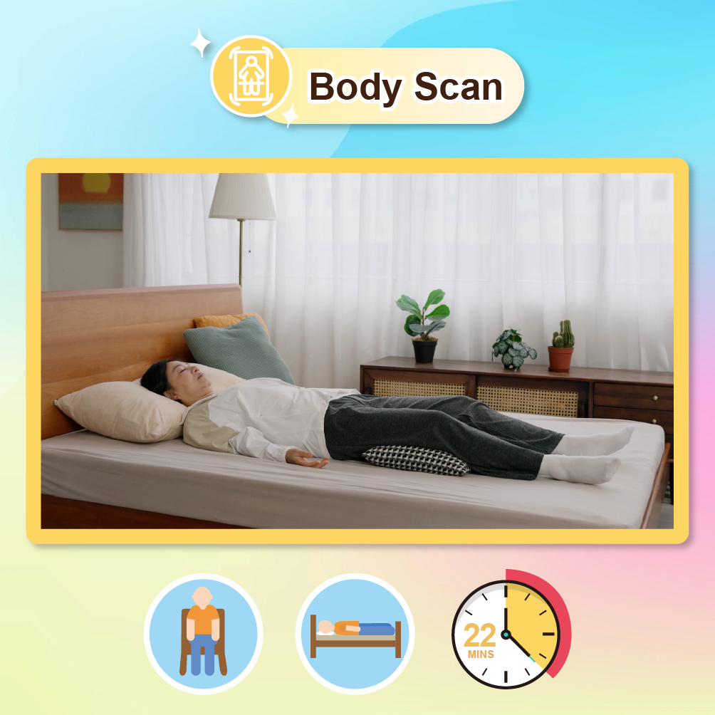 Click this image to play the video of Body Scan. There are two icons of human figures underneath, indicating that one can do this practice in a sitting or lying down position. There is also an icon of a clock with “22 minutes” written on its face, indicating that 22 minutes are required.