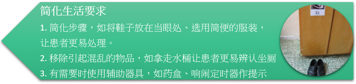 简化生活要求 1. 简化步骤,如将鞋子放在当眼处、选用简便的服装,让患者更易处理。 2. 移除引起混乱的物品,如拿走水桶让患者更易辨认坐厕 3. 有需要时使用辅助器具,如药盒、响闹定时器作提示