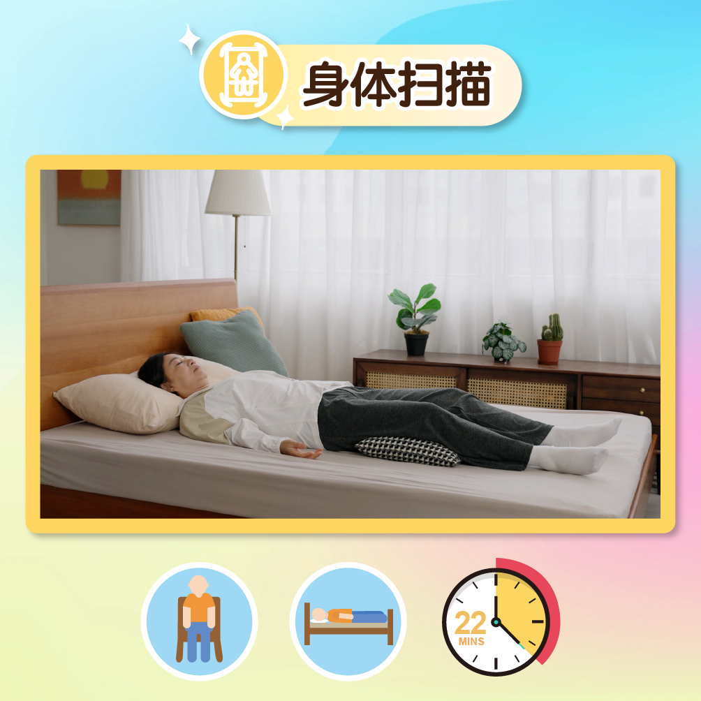 点击此图播放身体扫描影片,下方有两个人像的图示,代表此练习可以坐着或躺着进行,另外还有一个时钟上写有22分钟的图示,代表需时22分钟。