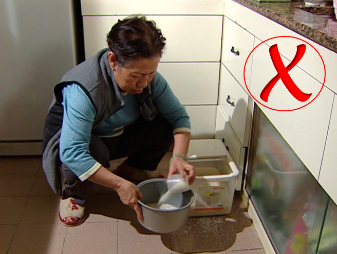 图中显示一位女长者蹲着做家务，双膝关节过度屈曲及腰部向前弯曲，是不适当的姿势。