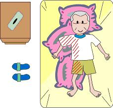 一位男長者仰臥，用枕頭將患側承托，使其向上；手肘伸直，手心向上，手放身旁；將另一枕頭放於患側膝下，使其微曲。