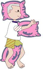 一位男長者側臥，枕頭置在雙膝之間，減少雙膝關節貼近，以避免關節變形；另一枕頭將患側承托，肩膀向前，手肘和手指伸直；臂部伸直，膝關節微屈。