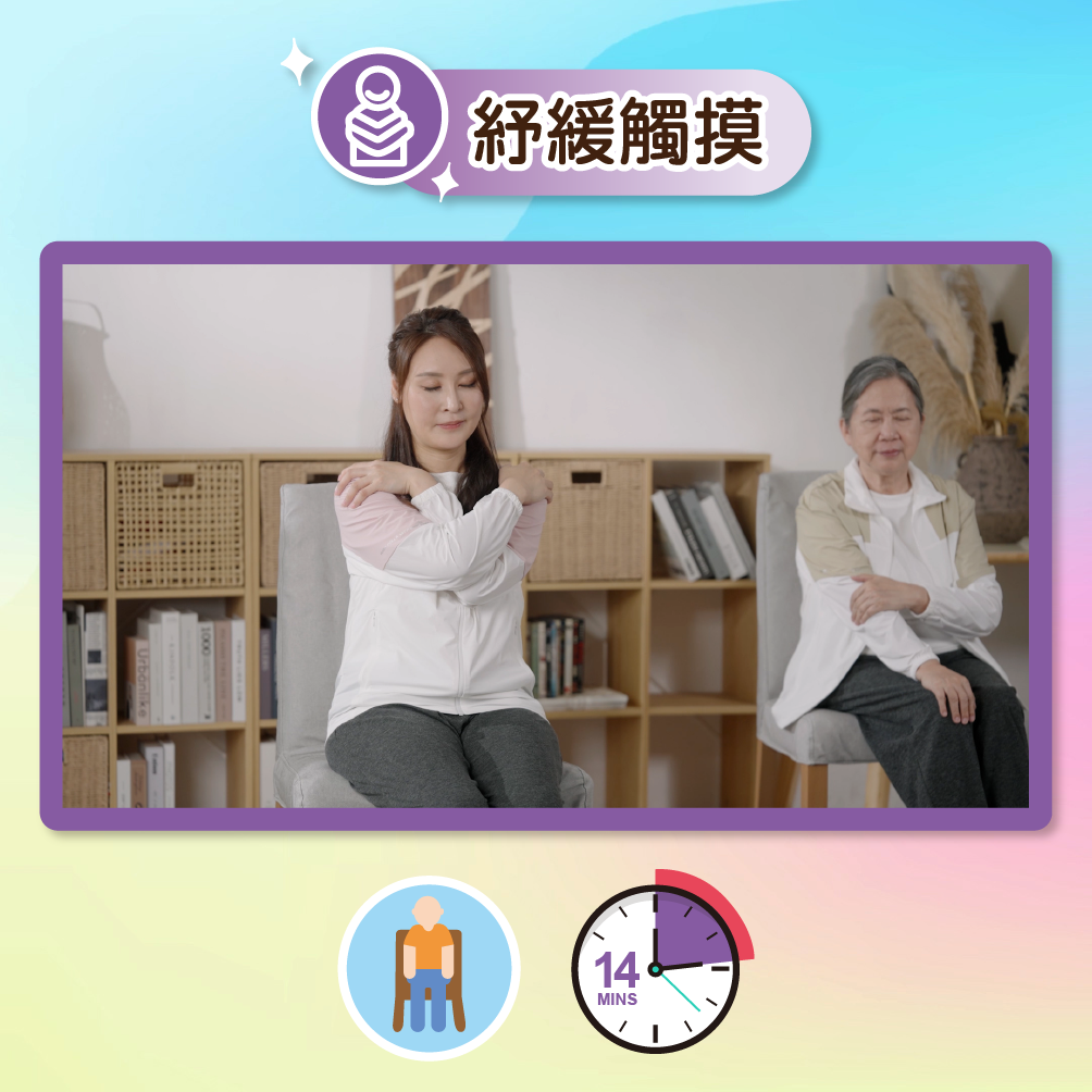 按此圖播放紓緩觸摸影片,下方有一個人像的圖示,代表此練習可以坐著進行,另外還有一個時鐘上寫有14分鐘的圖示,代表需時14分鐘。